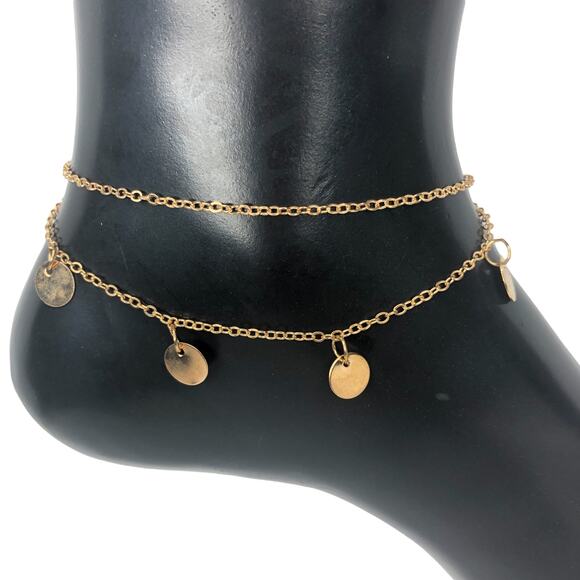 Gold Double Strand Hanging Discs Anklet - Picture 3 of 4